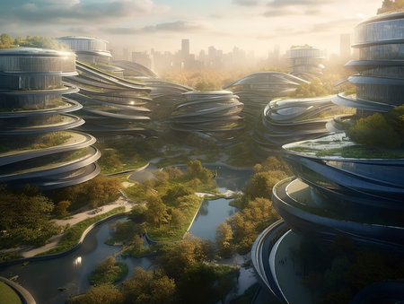 3d render of futuristic city landscape. Concept of modern architecture.の素材