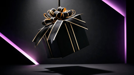 Black gift box with gold ribbon and bow on dark background. 3D rendering.の素材