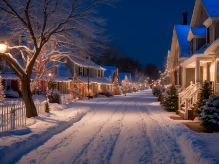 A view of a snowy street in the neighborhood at Christmas time.の素材