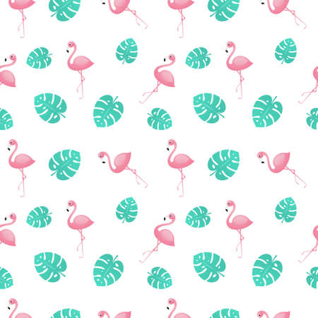 Pink flamingos with jungle leaves seamless pattern, Vector background.のイラスト素材