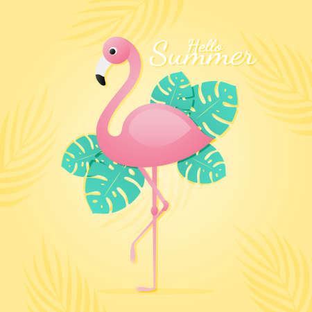 Pink flamingo with Tropical Leaves in hello summer concept,Vector and Illustration.のイラスト素材
