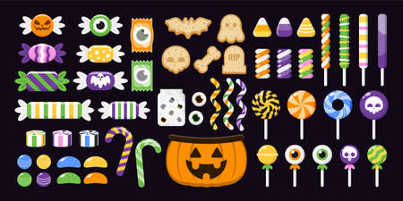 Set of Colourful Halloween Sweets, Collection of Sweets and dessert For Children in Halloween, Vector and Illustration, Candy, Jelly, lollipop.のイラスト素材