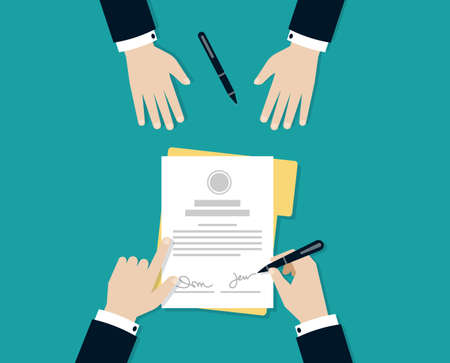 Two Businessman signing on Contract agreement form document paper, Business Cooperation concept, Vector Illustration in flat style.のイラスト素材