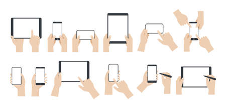 Set of Hands holding Smartphone and Tablet with Blank screen on White background, Flat design vector illustration.のイラスト素材