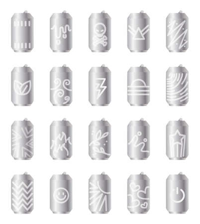 Set of icon silver soda cans with cartoon style.