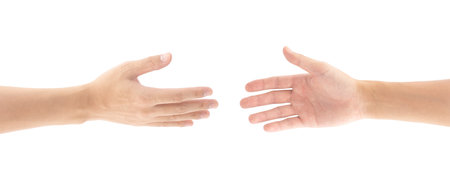 Close-up photo of the two hands reaching out to shake hands, Isolated on white background, Clipping...