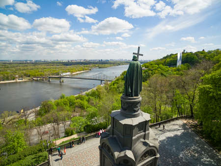 View from upper part of Vladimir's Hill to the Saint Vladimir Monument in spring, Kiev, Ukraine. Statue is a dominating feature of Dnieper river slopes and one of the city's symbols.の写真素材