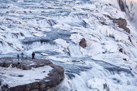 Gullfoss waterfall view in the canyon of the Hvita river during winter snow Iceland