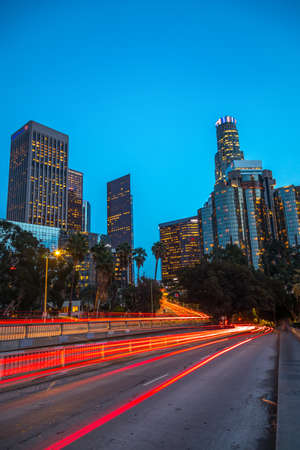 Downtown Los Angeles, California, USA skyline with trail lightsの写真素材