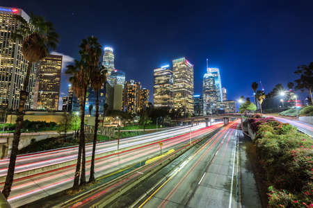Downtown Los Angeles, skyline with trail lights, California, USAの写真素材
