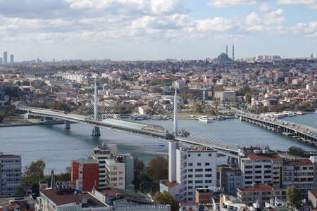 Istanbul, Turkey - OCTOBER 25, 2018: View from a high point on the bridges across the Golden Horn Bay: the cable-stayed Golden Horn Metro Bridge and Ataturk Bridgeのeditorial素材