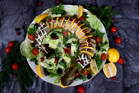 Stuffed pike decorated with slices of lemon, red cranberries, butter cream and fresh vegetables,...
