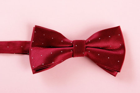 Red bow tie on pink background, selective focus, copy space
