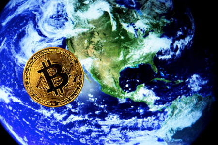 Bitcoin souvenir coins. Cryptocurrency golden bitcoin coin. Conceptual image for worldwide cryptocurrency and digital payment systemの写真素材