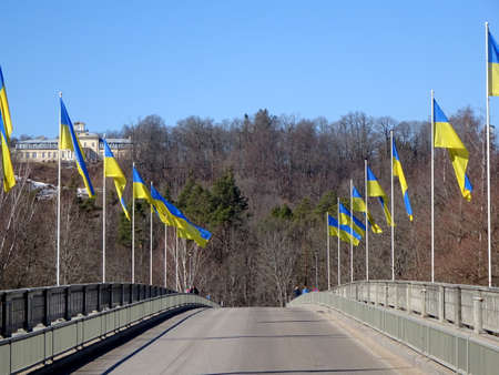 Lots of Ukrainian flags on the bridge over the river Gauja near Siguldaの写真素材