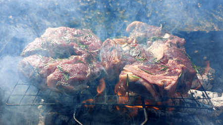 Two pieces of beef steak baked on charcoal. beef steak bake on the grill flame of the barbecueの写真素材