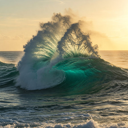 Ocean wave breaking on the beach at sunset. Breaking wave on the ocean.