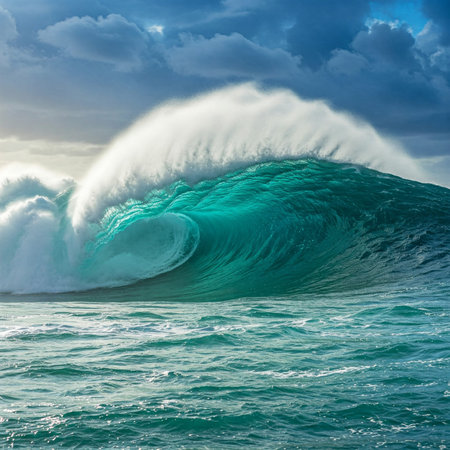 Blue ocean wave. Breaking wave with big splashes and spray.