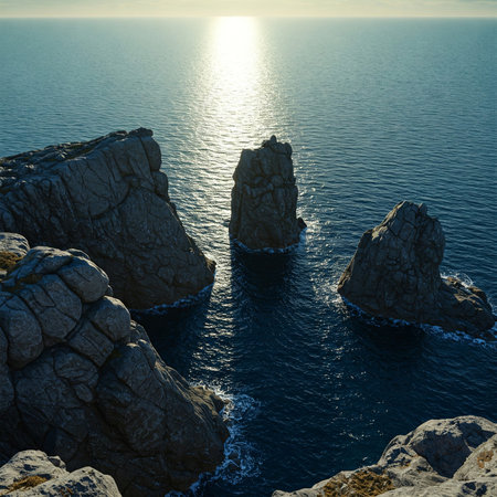 Rocky coast of the Mediterranean Sea at sunset. Toned.