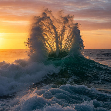 Splashing wave in the sea at sunset. Beautiful seascape.