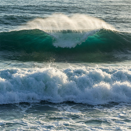 Ocean wave breaking on shore with splashes of sea water and foam