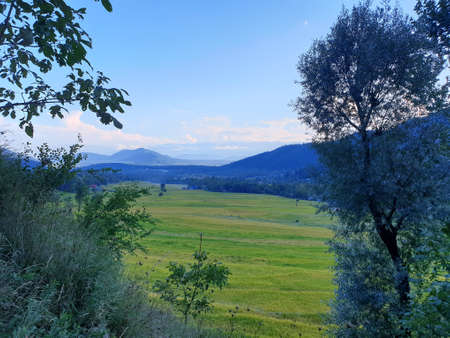 View of cloudy blue sky beautiful villages and rice fields of villagers in Indian states. Green and...