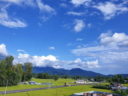 View of cloudy blue sky beautiful villages and rice fields of villagers in Indian states. Green and yellow golden colour crops in India are best destination for travellers.の写真素材