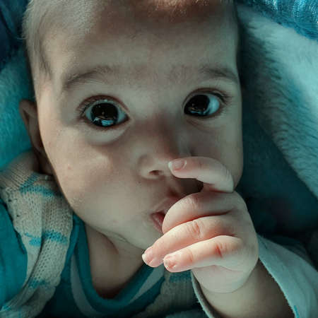 Smiling kid photographs at home under blanket looks beautiful. Digital and 4k photos of child.の写真素材