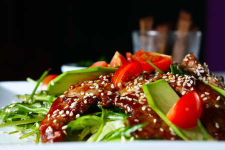 Warm salad with veal. Tasty and nutritious foodの写真素材