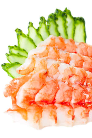 Sashimi Sushi with tiger prawns and cucumber close-up  Isolated on whiteの写真素材
