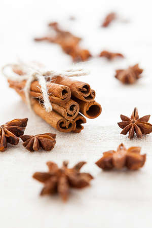 Anise and cinnamon sticks on homemade canvas close up. Dried spices