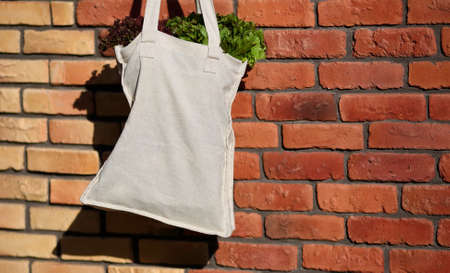Linen Bag with Fresh Lettuce Salad against the background of a brick wall closeup