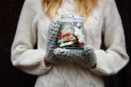 Christmas cookies in jar, holiday foodの写真素材