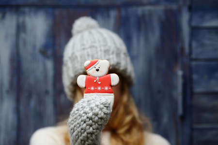 Christmas bear in hands, holiday moodの写真素材