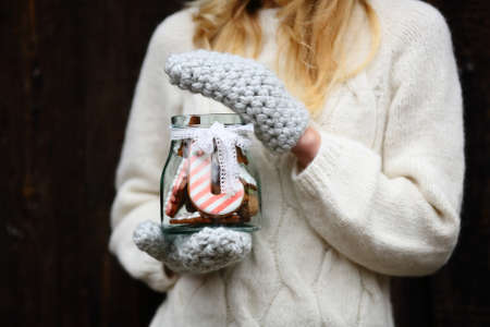 Christmas gingerbread cookies in jar, foodの写真素材