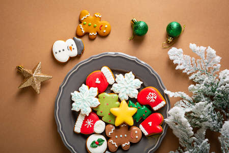 Christmas background with gingerbread snowflake and decorationsの写真素材