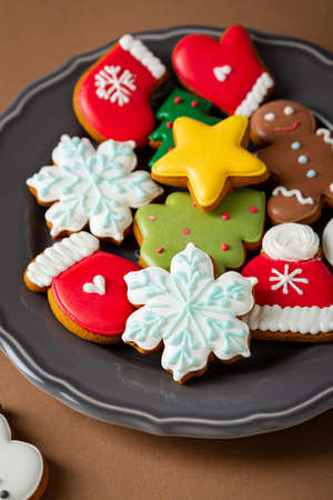 Christmas background with gingerbread snowflake and decorationsの写真素材
