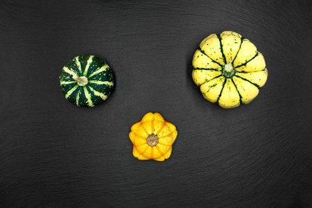 Decorative pumpkins on a black background. The fall harvest is ready for Halloween.の写真素材