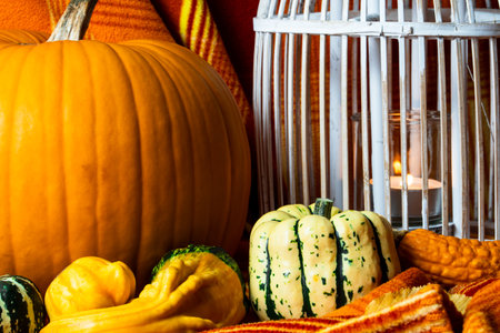Halloween home mood. Orange pumpkin and vintage birdcage with a candle inside. Autumn home decoration.の写真素材