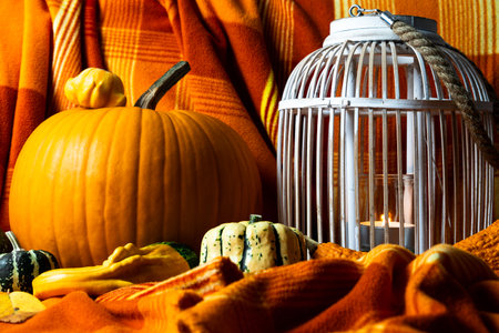 Halloween home mood. Orange pumpkin and vintage birdcage with a candle inside. Autumn home decoration.の写真素材