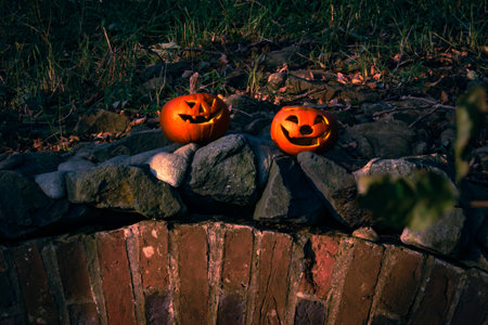 Halloween design with pumpkins. DIY Halloween pumpkins on a natural background.の写真素材