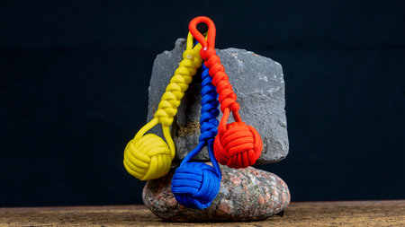 Braided paracord keychain on a background of stones. Handmade, creative design.の写真素材
