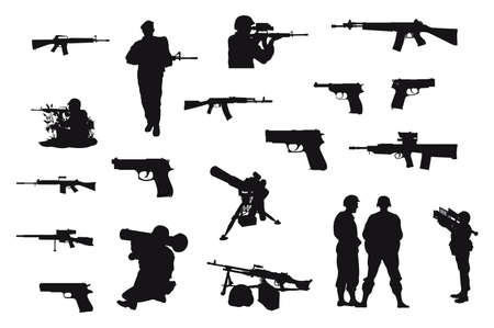 collection of army and weapon silhouette set with white backgroundのイラスト素材