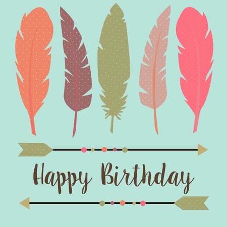 Happy Birthday in boho style with feathers and arrows on a blue backgroundのイラスト素材