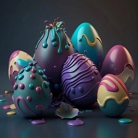 Voluminous, vibrantly colored, and intricately adorned Easter 3D eggs produced by generative AI.の素材
