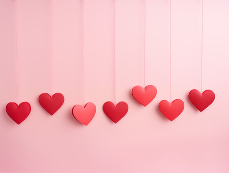 Hearts made of paper suspended on a string against a pink backdrop.の素材