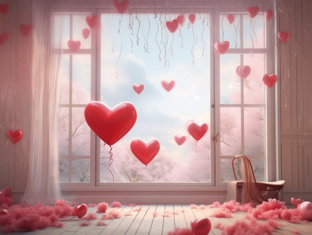 Several red heart-shaped balloons float in the room. Romantic view from the windowの素材
