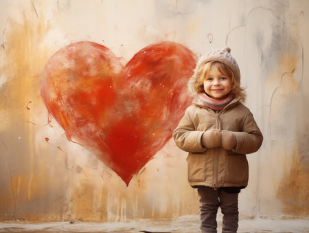 A cute kid standing next to a wall with a heart on it.の素材