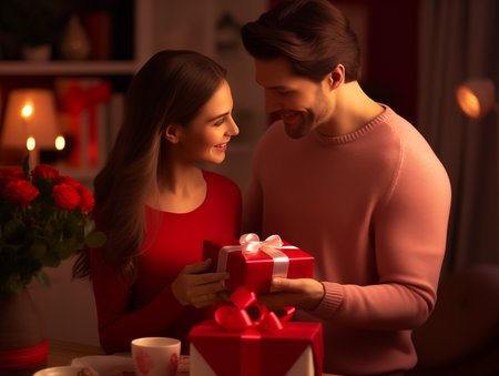 The couple celebrate Valentine's Day and give each other giftsの素材