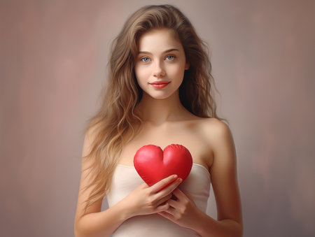 A girl holding a red heart in her handsの素材
